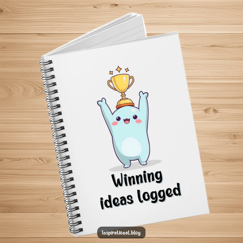 Funny character holding a tiny trophy on a notebook cover, perfect for logging achievements and future plans.