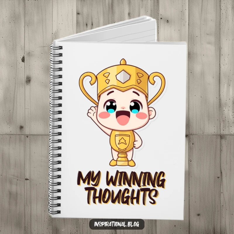 Funny trophy character beaming with pride, a humorous notebook for recording winning ideas and plans.