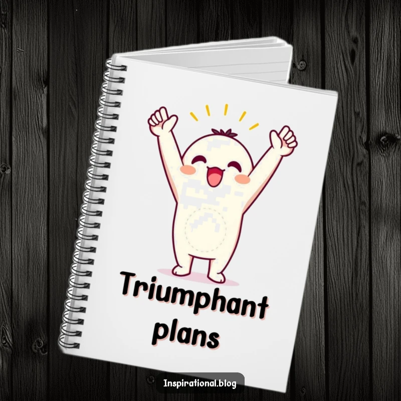 Funny notebook featuring a kawaii character in a triumphant pose with arms raised, perfect for noting down accomplishments.