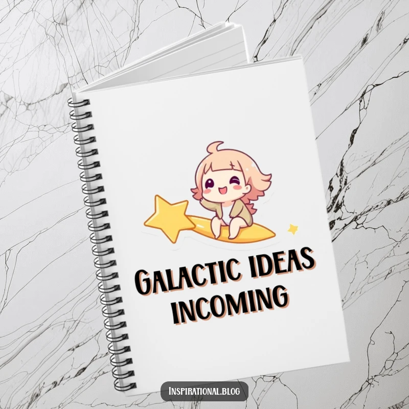 Funny notebook with a giggling character riding a shooting star, inspiring wonder and capturing humorous thoughts.