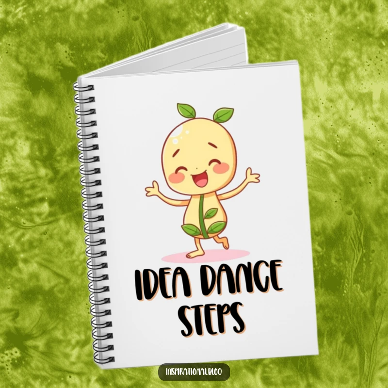 Funny seedling character doing a jig on the cover of a notebook, encouraging joyful note-taking.