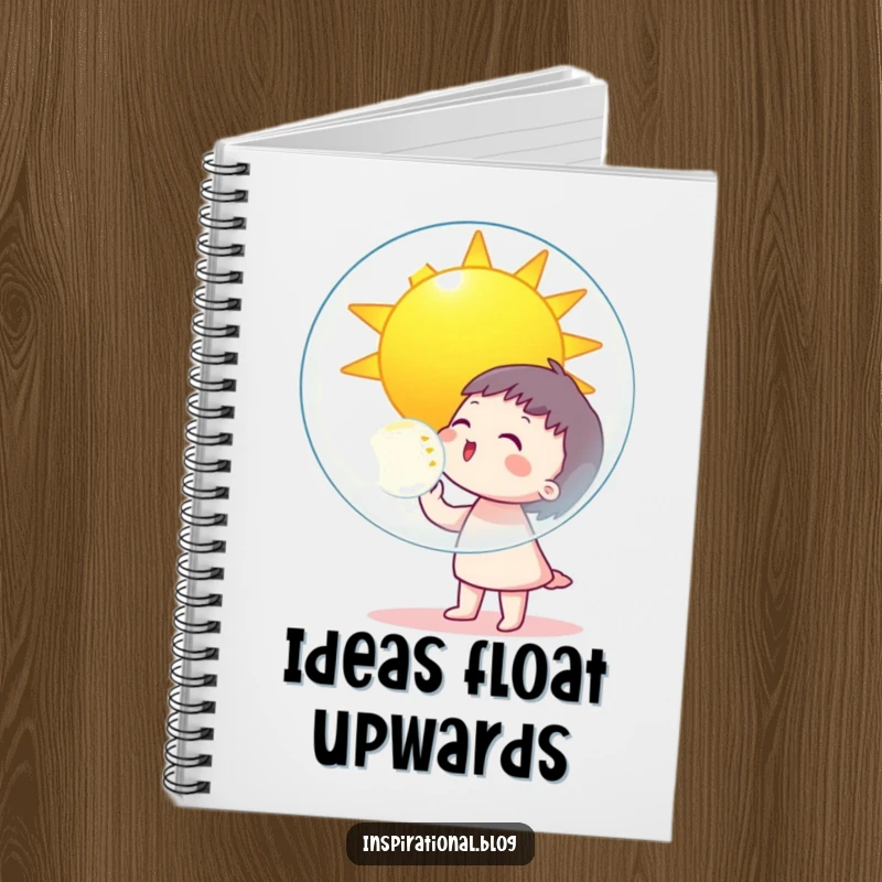 Funny character blowing a giant bubble reflecting a smiling sun on a notebook cover, perfect for sunny thoughts.