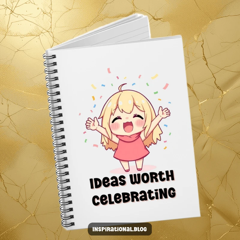 Funny notebook cover with a character cheering enthusiastically as confetti rains down, ideal for recording exciting events and ideas.