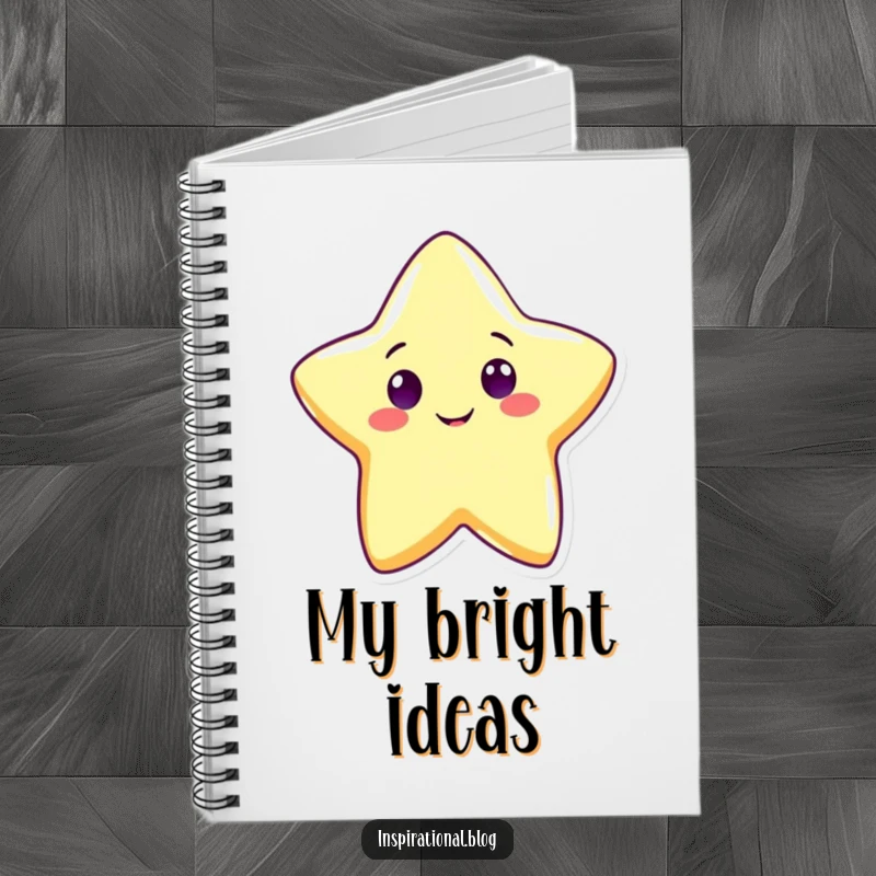 Funny cute star notebook with a cheerful star character shining brightly with a wide grin, perfect for journaling and creativity.