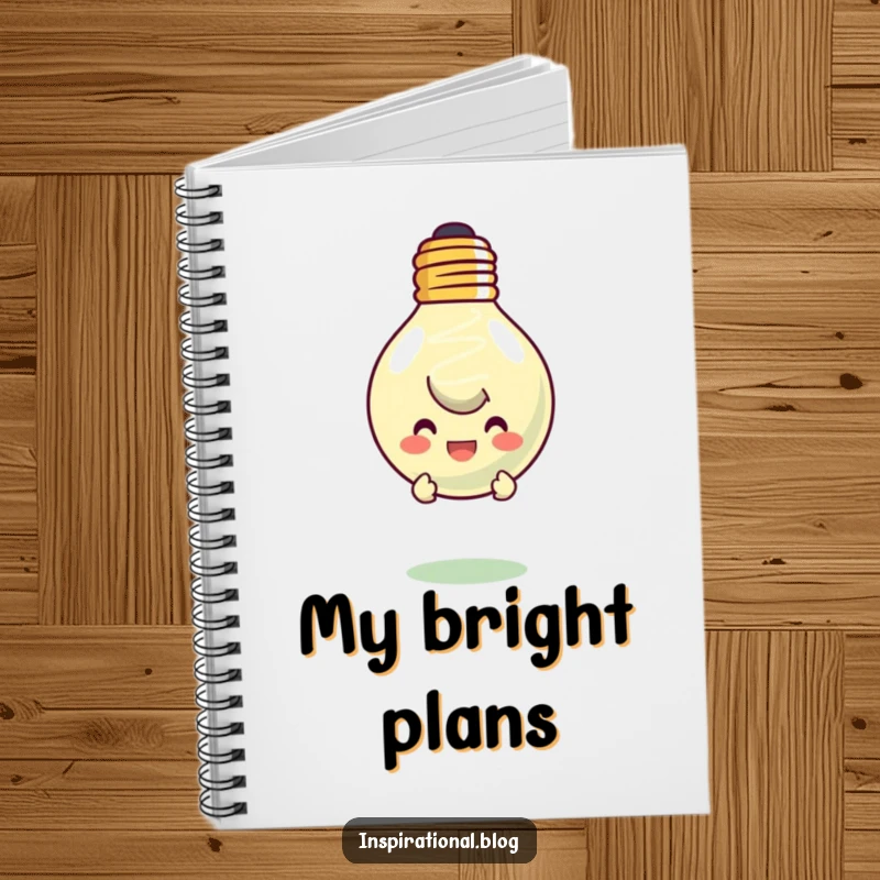 Funny notebook cover with a character peeking from behind a smiling, floating lightbulb. Ideal for notes and brainstorming.