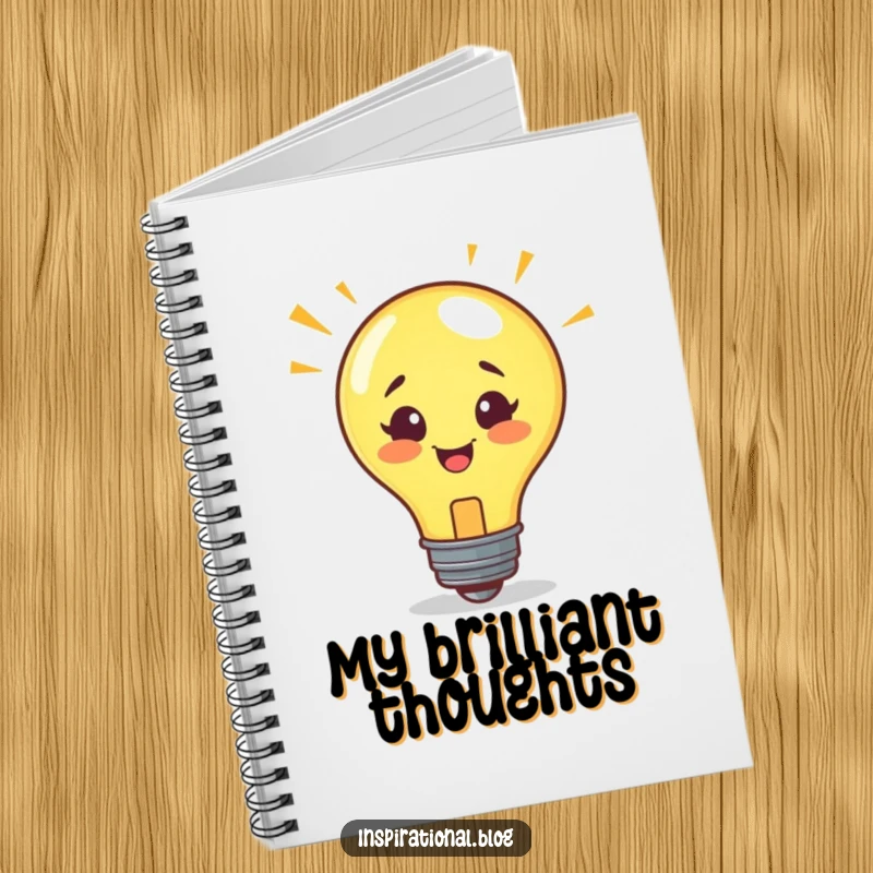 Funny notebook with a smiling lightbulb character representing a sudden idea, perfect for capturing thoughts.