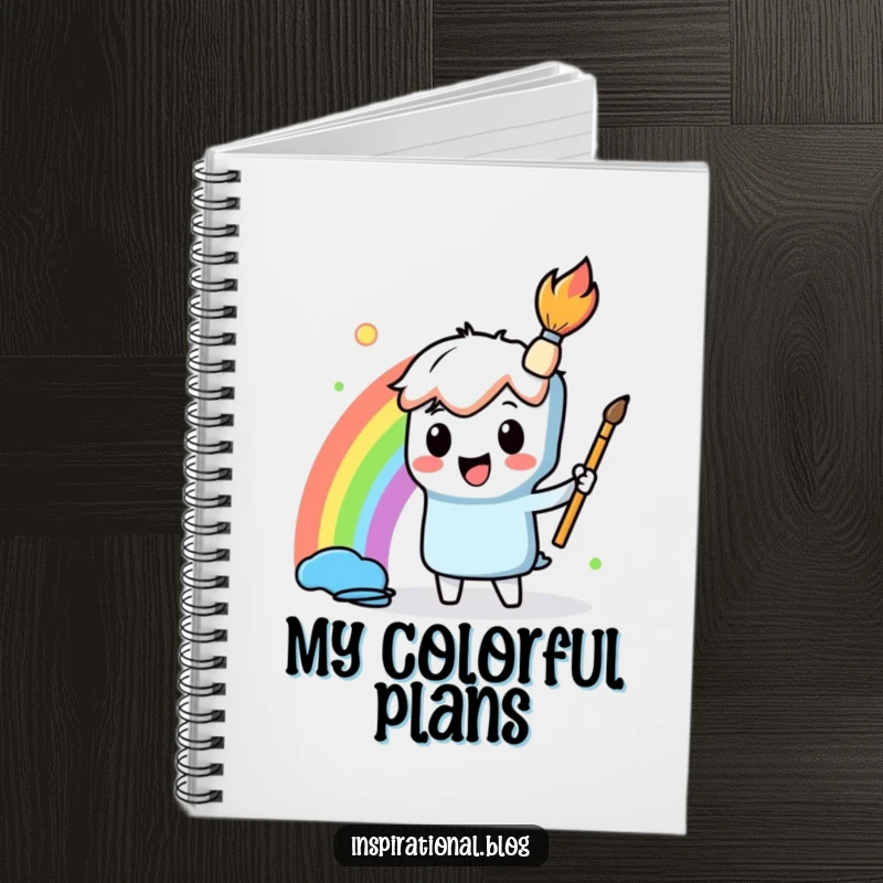 Funny Notebook cover with a paintbrush character joyfully creating a beautiful rainbow, ready to hold your artistic ideas and notes.