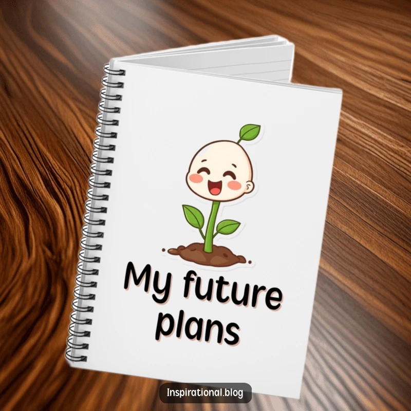 Funny happy seedling character on a notebook, encouraging growth and recording ideas.