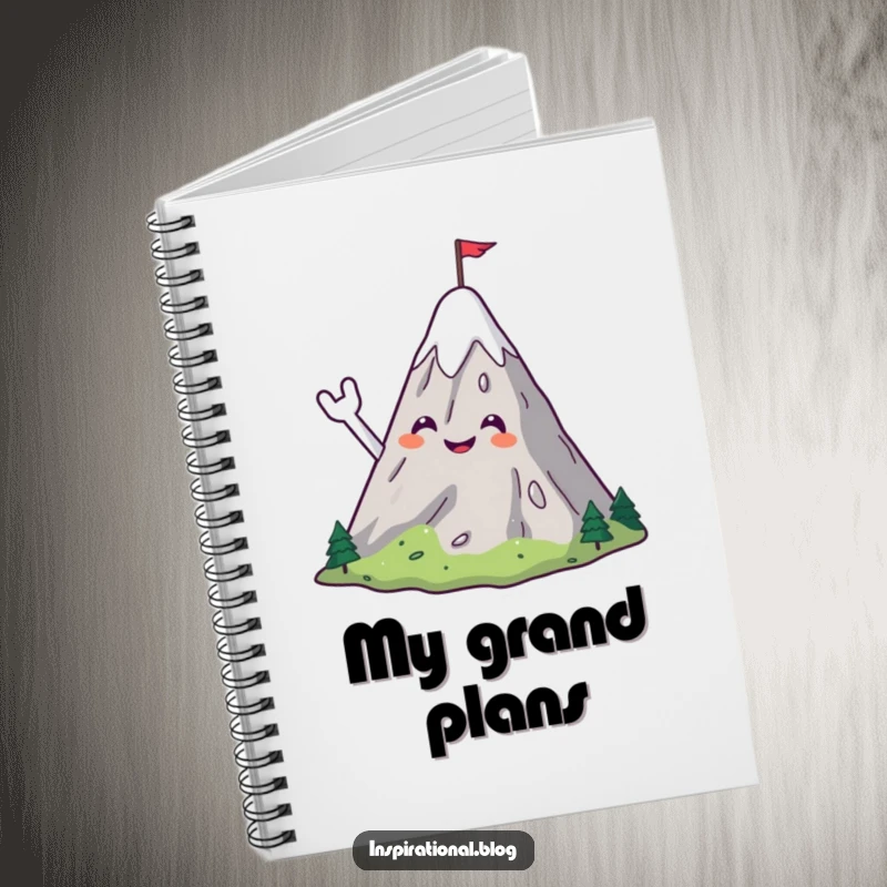 Funny notebook featuring a smiling mountain character cheerfully waving with a flag, inspiring adventure and planning.