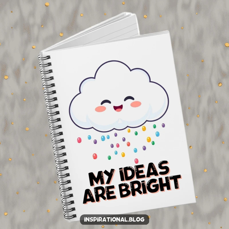 Funny notebook with a cheerful rain cloud character giggling and sprinkling colorful drops, encouraging creative writing and ideas.