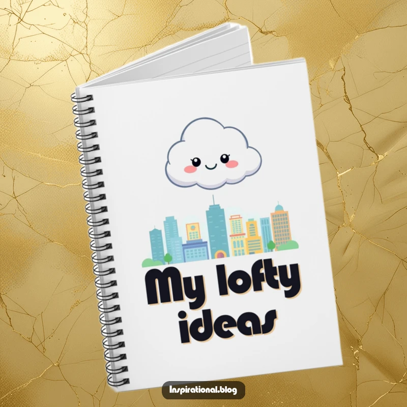 Funny notebook cover with a happy cloud character floating above a stylized cityscape, perfect for journaling and creative thoughts.