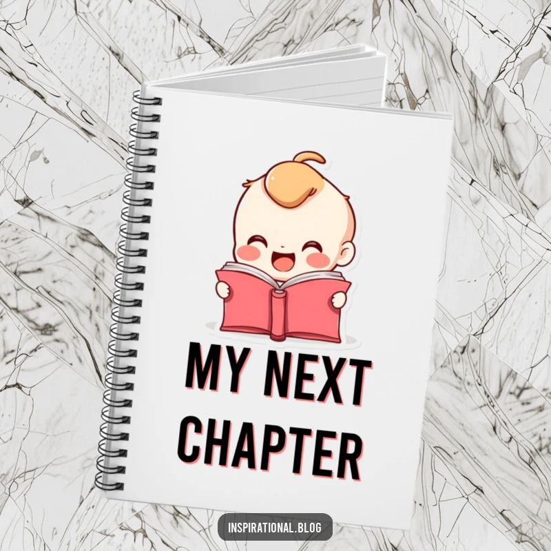 Funny notebook cover featuring a smiling book character with pages fluttering open, ready for new stories.