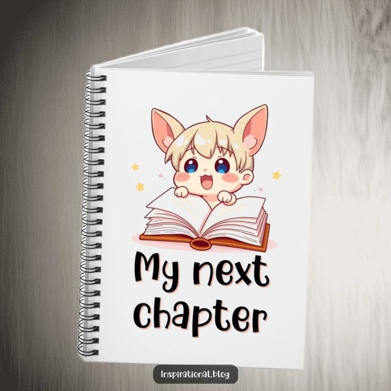 Funny book character with fluttering pages on the cover of a notebook, encouraging creative writing and storytelling.