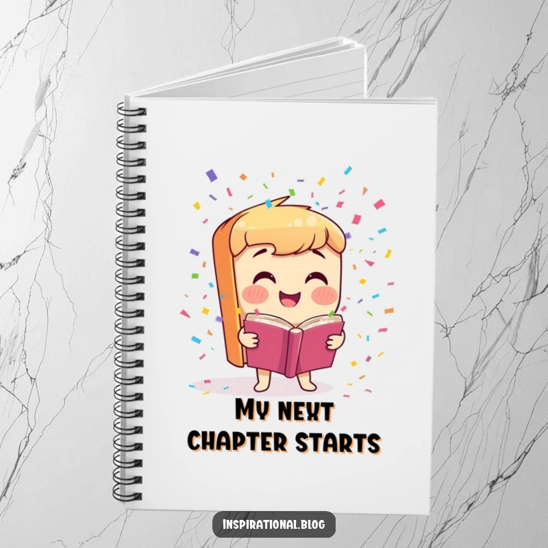 Funny Notebook featuring a smiling book character launching colorful confetti, ideal for capturing ideas with cheerful flair.