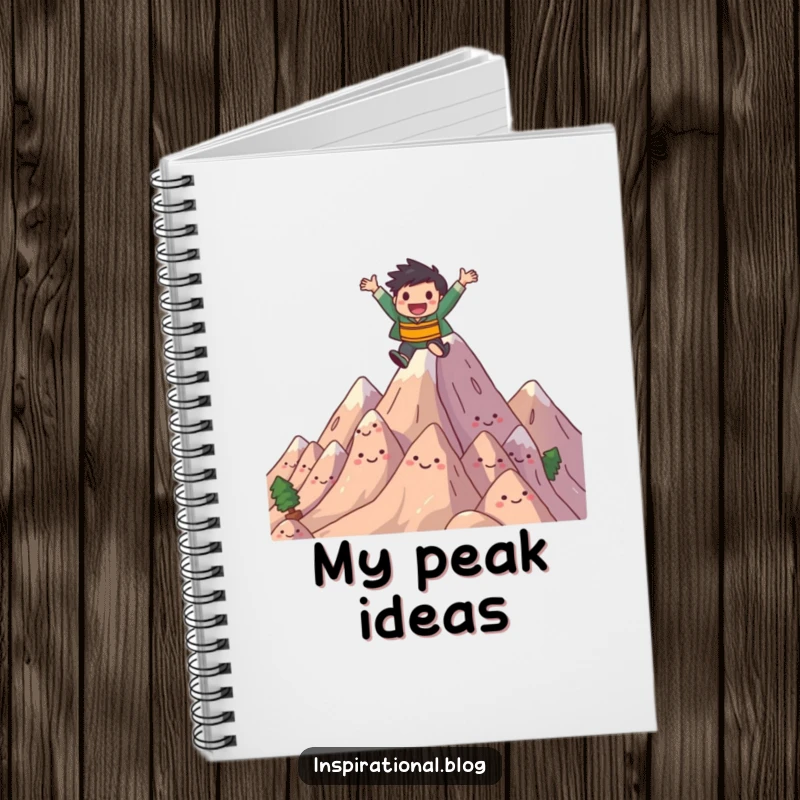 Funny notebook cover with a joyful character leaping over smiling, stylized mountains. Ideal for notes and adventure plans.
