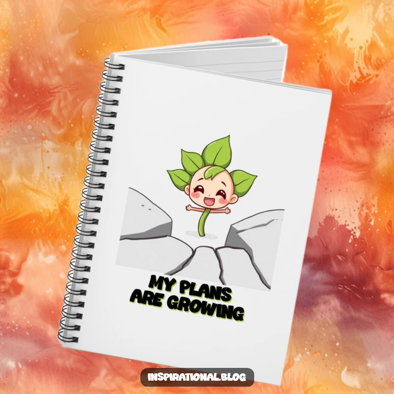 Funny notebook featuring a determined sprout character pushing through pavement with joy, inspiring resilience and goal achievement.