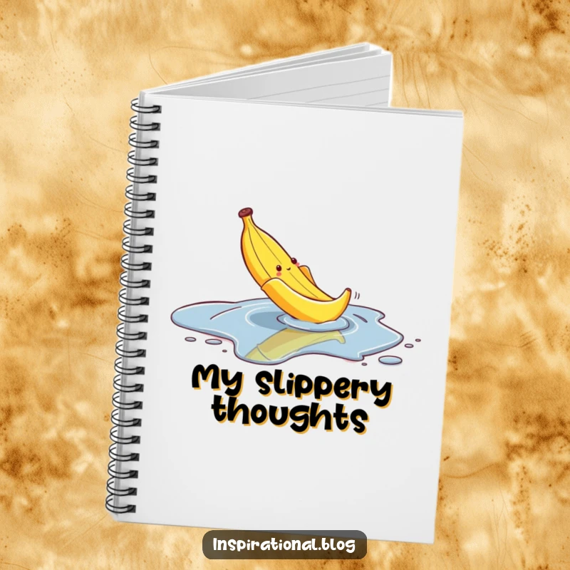 Funny notebook with a banana peel comically slipping on a puddle, ideal for jotting down hilarious notes and comedy ideas.