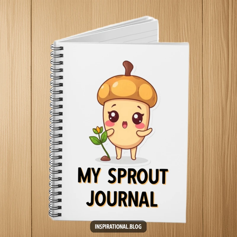 Funny notebook with a surprised acorn character sprouting a sprout, ideal for jotting down ideas.