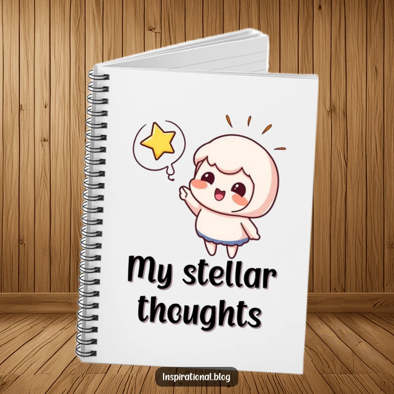 Funny notebook cover with a cute character pointing at a bursting star, thought bubble present. Ideal for notes and ideas.