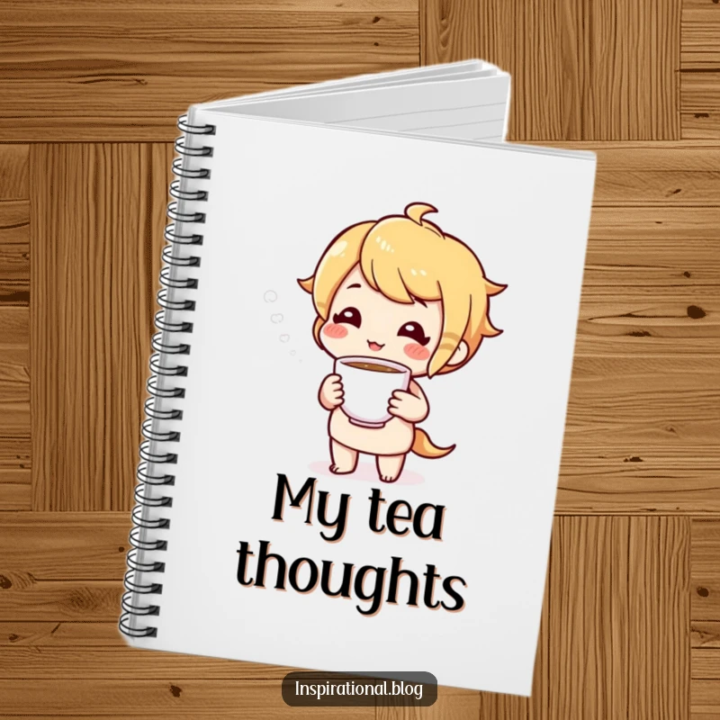 Funny notebook with a cheerful character offering a cup of tea, ideal for journaling and reflective writing.