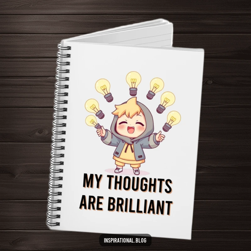 Funny notebook cover with a character skillfully juggling multiple light bulbs, representing a space for bright ideas and notes.