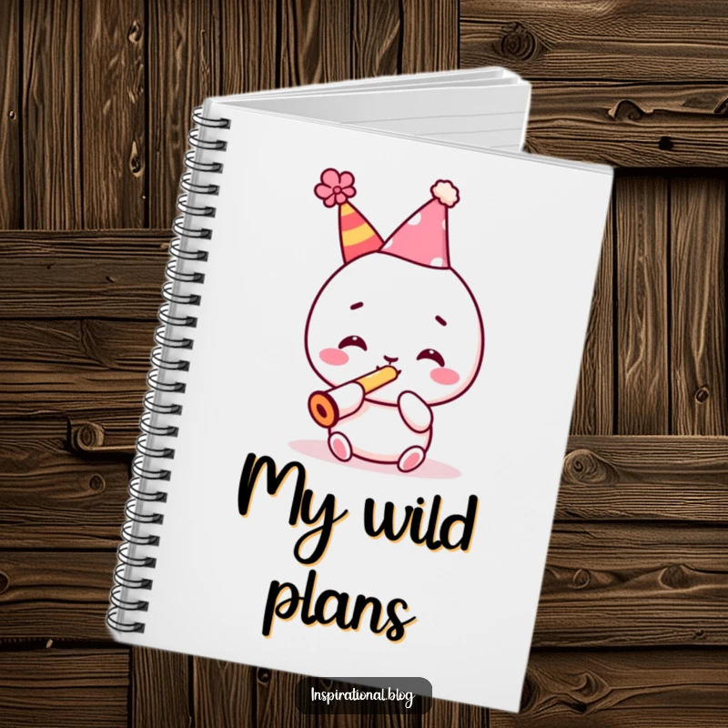 Funny notebook with a cute kawaii character in a party hat, playing a kazoo, perfect for jotting festive ideas.