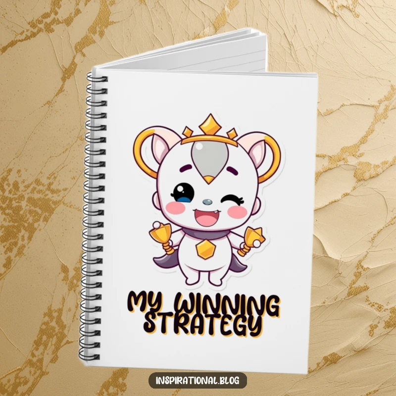 Funny Trophy Character beaming with pride on a notebook cover, encouraging the recording of victories and proud moments.