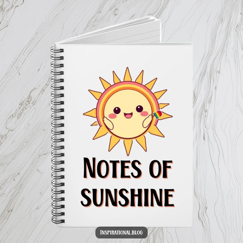 Funny notebook with a kawaii character painting a rainbow smile on a beaming sun, ideal for cheerful note-taking.