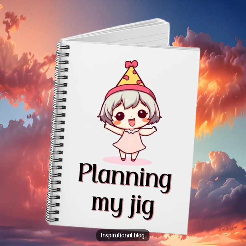 Funny notebook with a tiny character doing a silly dance in a festive hat, perfect for jotting notes.
