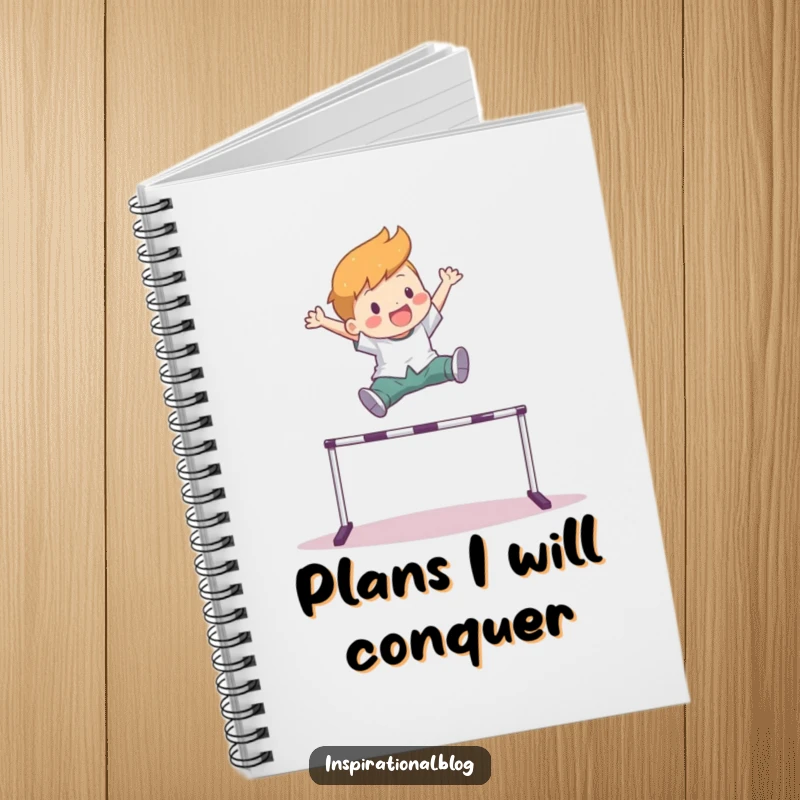 Funny notebook cover with a character energetically leaping over a hurdle, ideal for planning goals and capturing brilliant ideas.