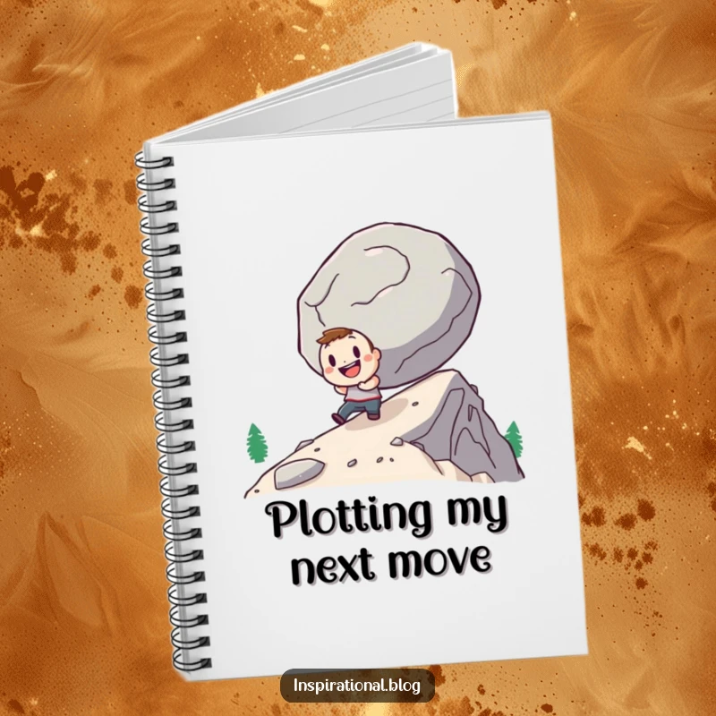 Funny notebook featuring a determined character pushing a giant boulder uphill, ideal for planning and journaling goals.