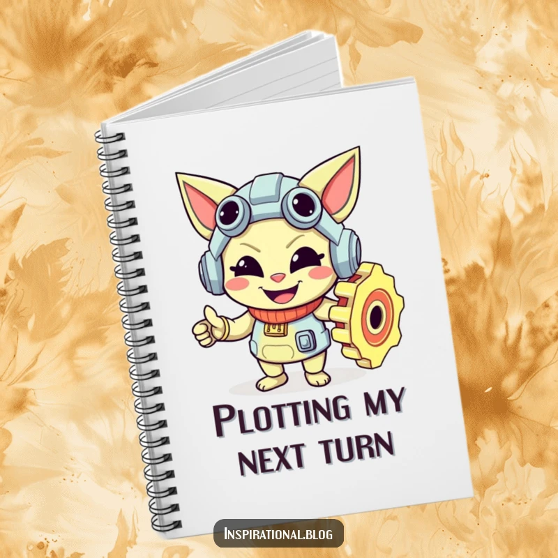 Funny gear character with a smiling face on the cover of a notebook, inspiring mechanical creativity.