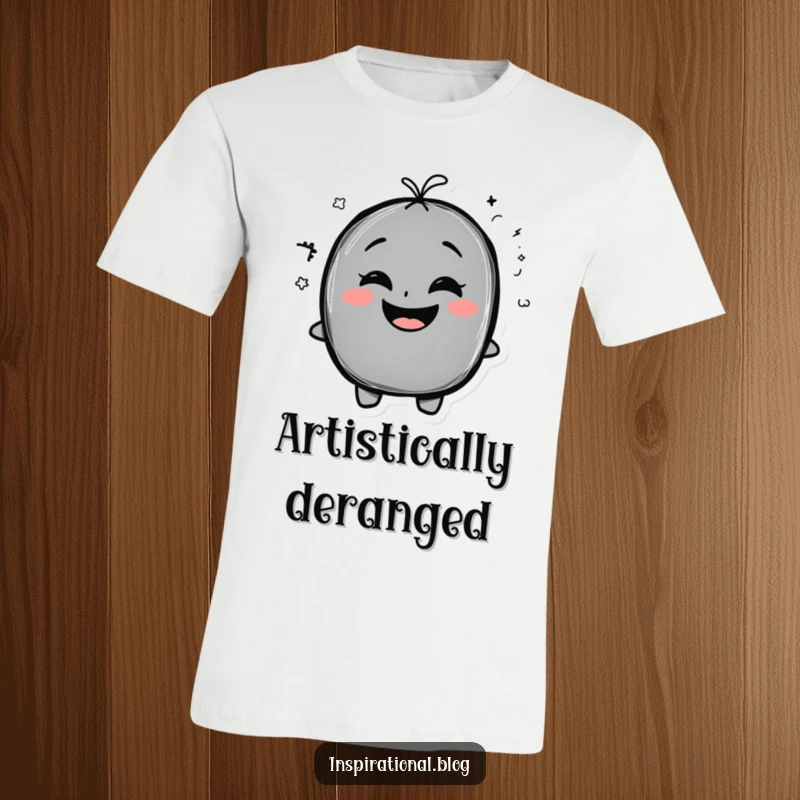 Funny T-Shirt with a chalkboard character, exaggerated smile, and a funny doodle, celebrating artistic humor.