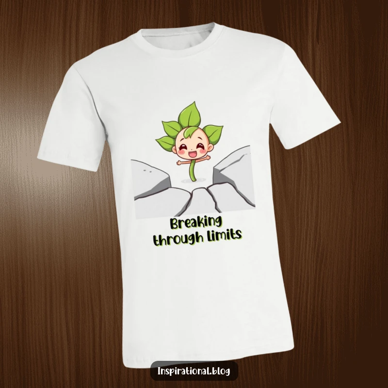 Funny t-shirt depicting a determined sprout character breaking through a pavement crack with an expression of pure joy and strength.