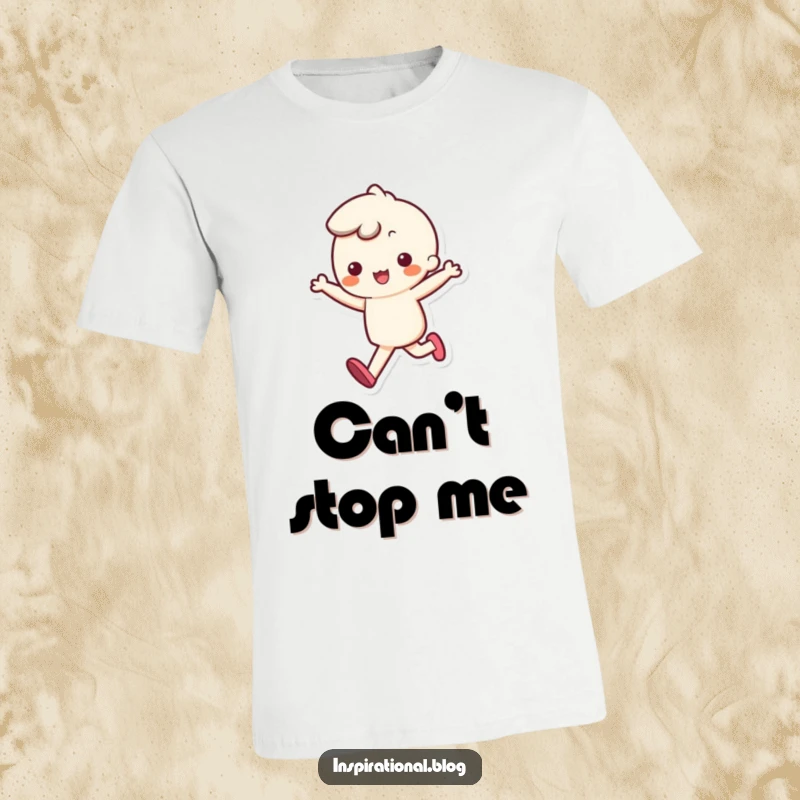 Funny t-shirt featuring a kawaii character happily skipping, with a discernible bouncy step, embodying lighthearted fun.