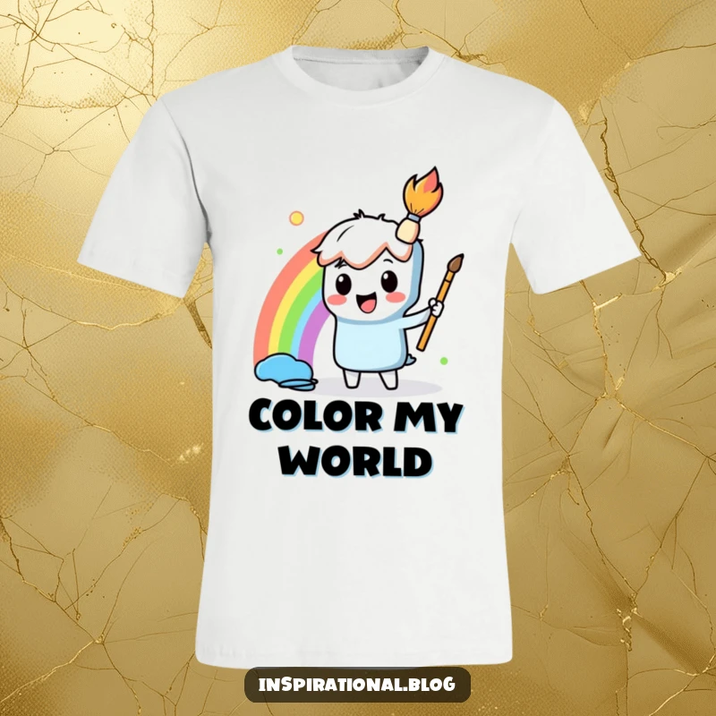 Funny T-Shirt showcasing a playful paintbrush character actively painting a beautiful, arcing rainbow, representing artistic expression and joy.