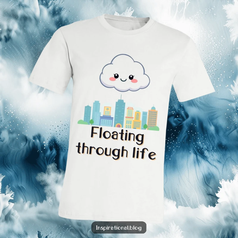 Funny t-shirt with a cheerful cloud character floating joyfully above a stylized city, symbolizing happiness and a positive outlook.
