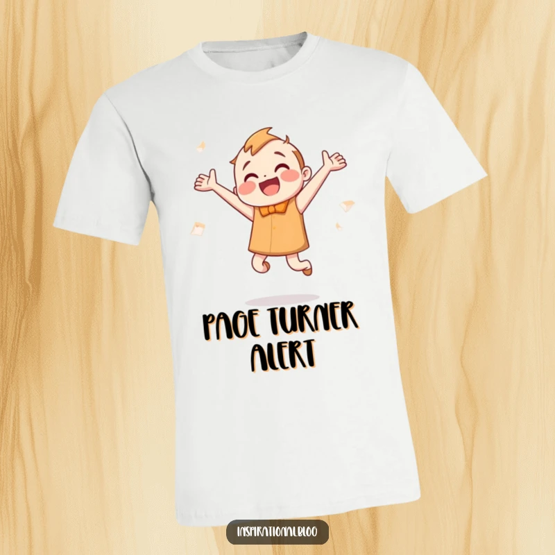 Funny T-Shirt: A happy, smiling book character is jumping enthusiastically, pages fluttering with pure literary joy.