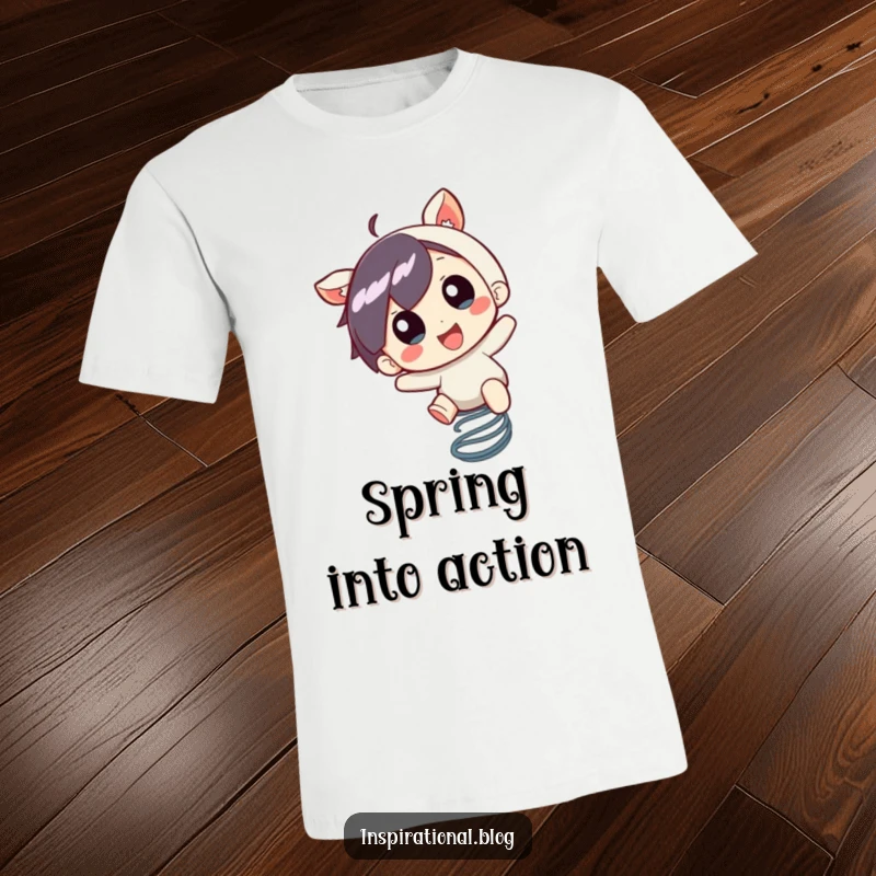 Funny T-Shirt: A little character is bouncing high on a spring with a look of pure, infectious excitement.