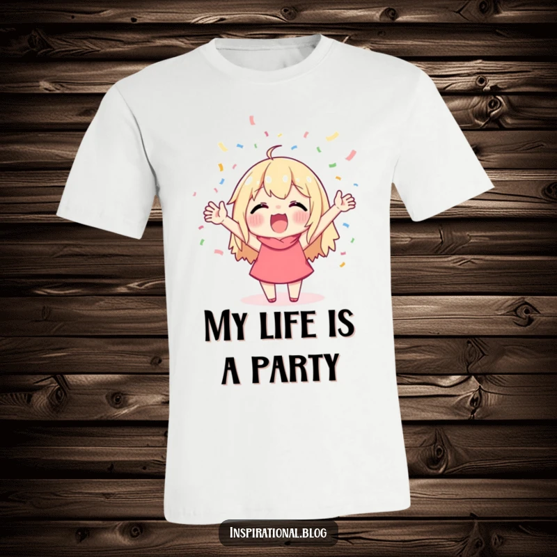 Funny t-shirt depicting a character exuberantly cheering amidst a shower of confetti, perfect for expressing joy and celebration.