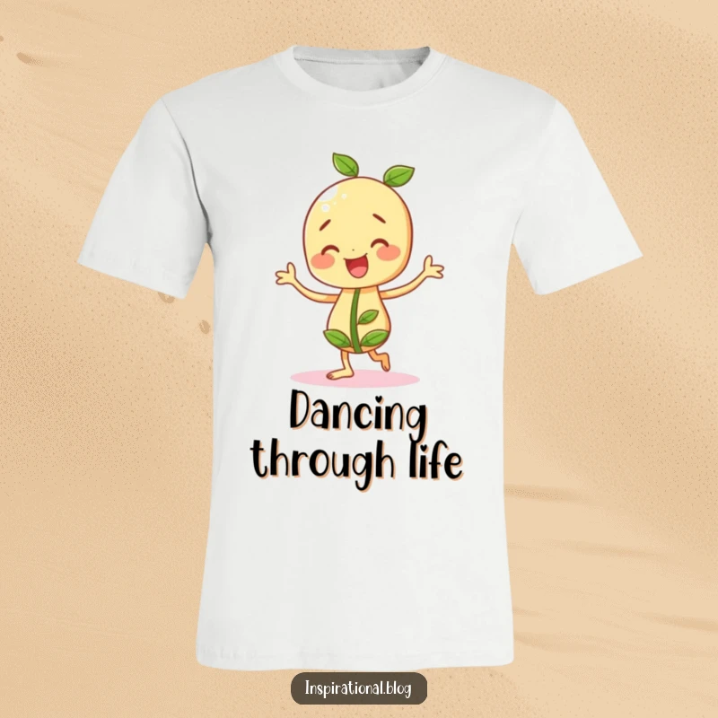 Funny seedling character doing a little jig with excitement, showcasing its happy, energetic personality on a t-shirt.