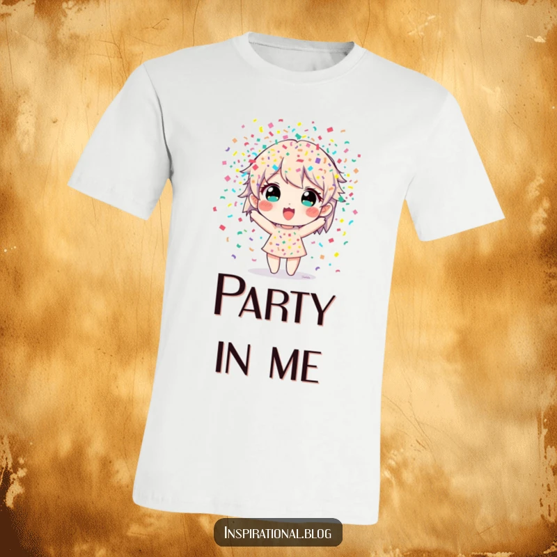 Funny t-shirt featuring a character exploding with colorful confetti, perfect for expressing pure celebratory energy.