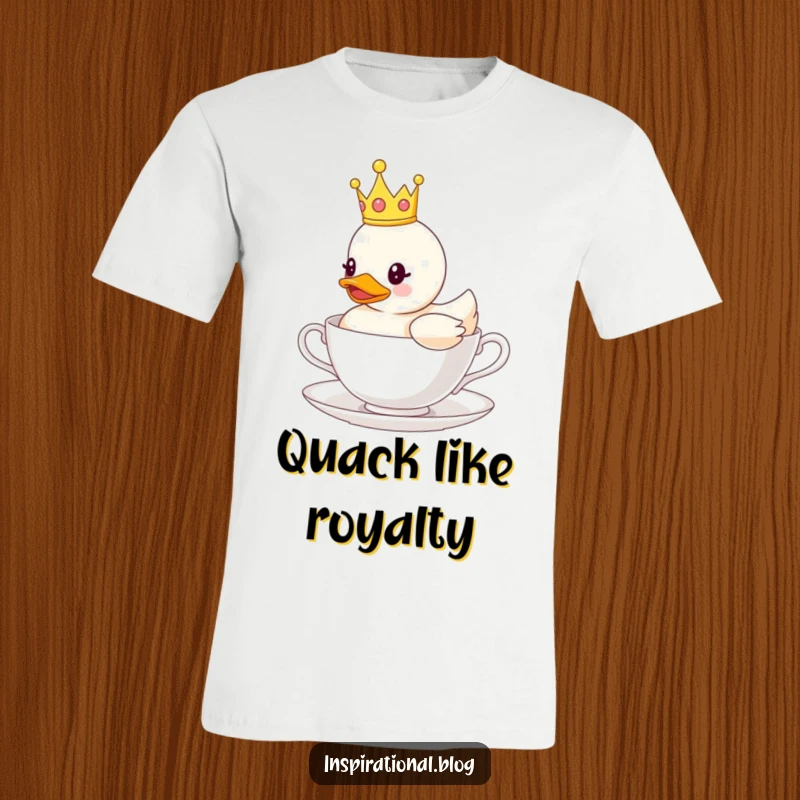 Funny t-shirt showcasing a rubber duck sporting a tiny crown, elegantly floating on a teacup, perfect for quirky fashion and gifting.