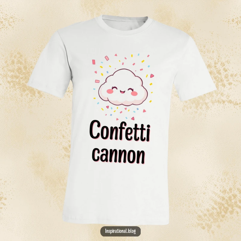 Funny T-shirt with a giggling cloud character raining colorful confetti, perfect for spreading joy and a festive atmosphere.