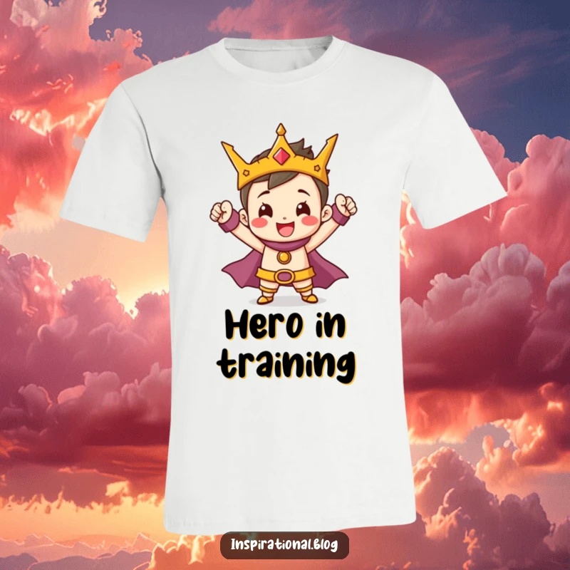 Funny Hero T-Shirt depicting a cheerful, tiny character striking a heroic pose with a triumphant smile, embodying valor.