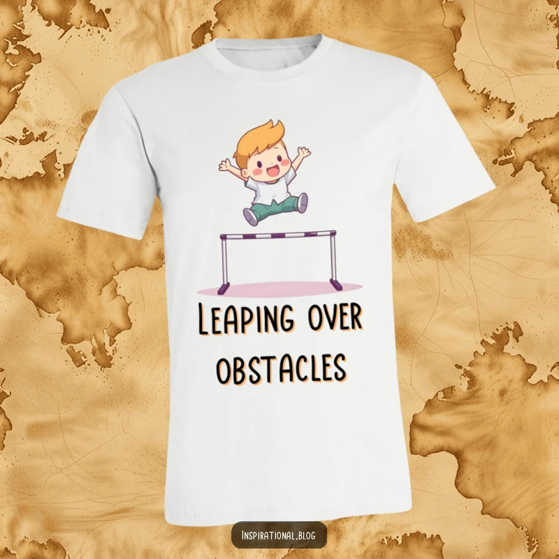 Funny t-shirt showing a character in mid-air, leaping joyfully over a high hurdle, signifying success and vibrant energy.