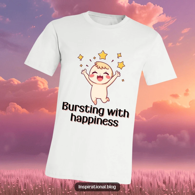 Funny T-Shirt: A small, energetic character leaps high in the air, surrounded by bursting stars, embodying sheer excitement and pure bliss.