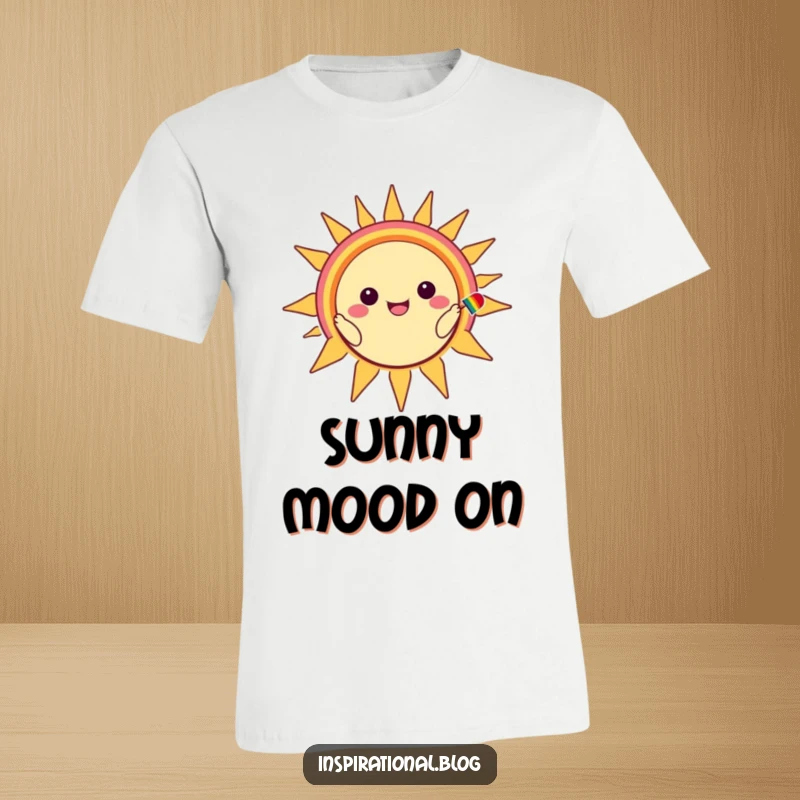 Funny t-shirt showing a kawaii character painting a big, colorful rainbow smile onto a cheerful, radiant sun.