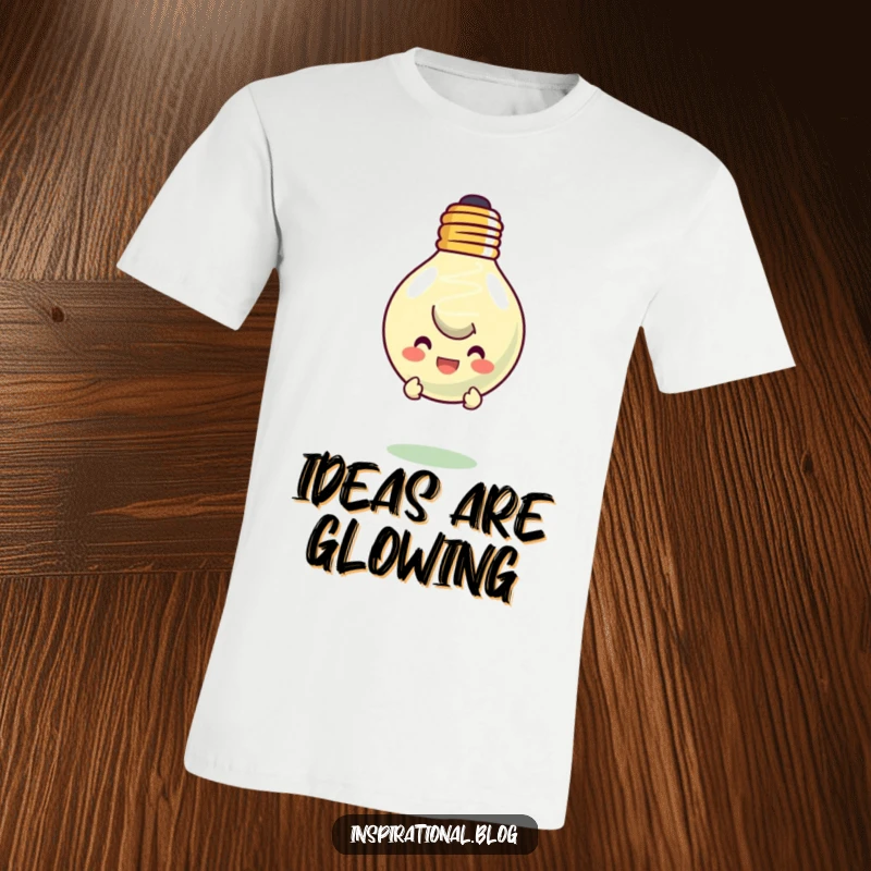 Funny t-shirt graphic of a character peeking from behind a large, floating, smiling lightbulb. A symbol of bright ideas.