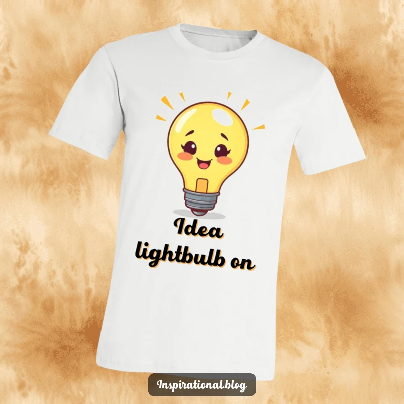Funny T-shirt with a smiling lightbulb character having a sudden, bright idea, perfect for witty individuals.